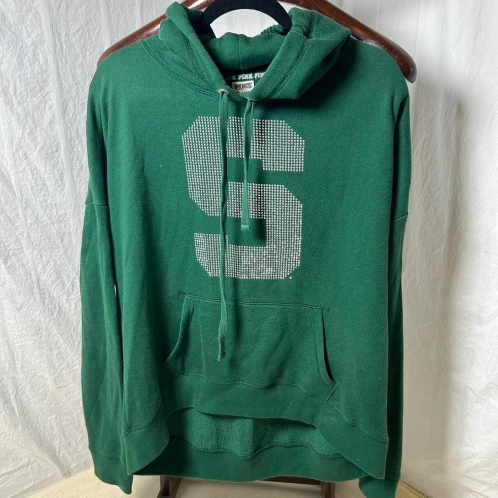 VICTORIA SECRET/PINK MSU HOODIE-XSMALL-GREEN/METALLIC LOVE‎ PINK LOGO/STUDDED M